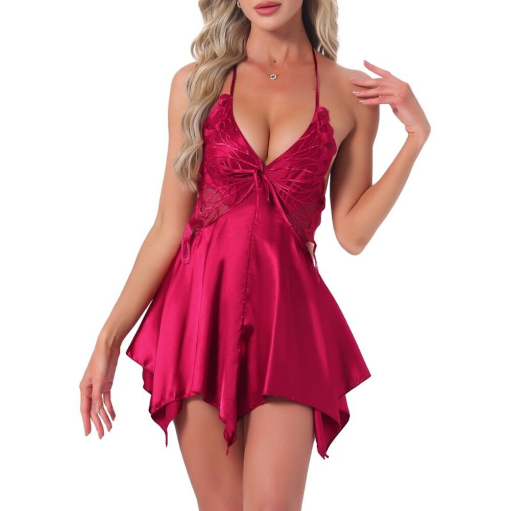 Women's Satin V Neck Halter Open Back Cami Teddy Lingerie Red
